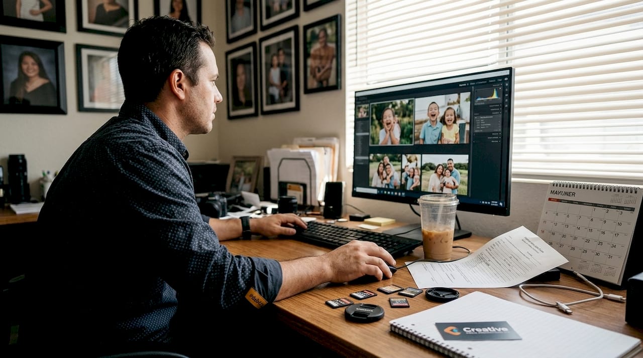 Photographer reviewing family session images on monitor