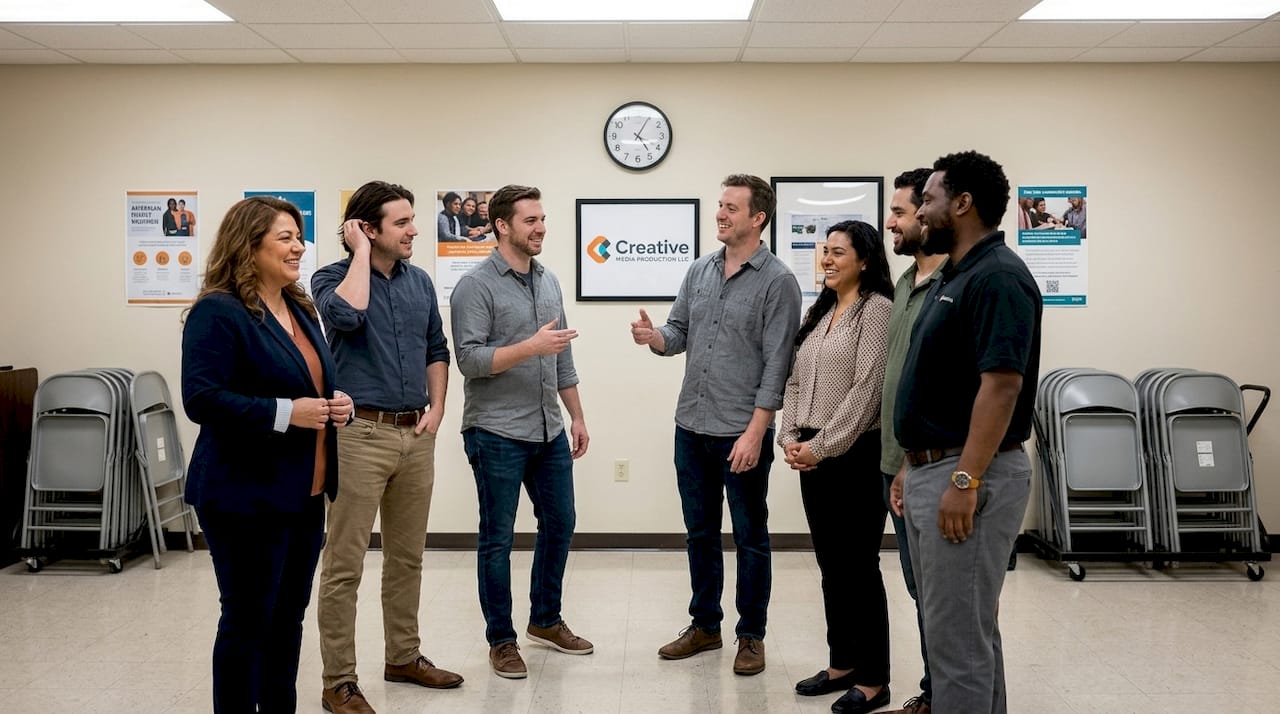 Colleagues preparing for posed group event photo