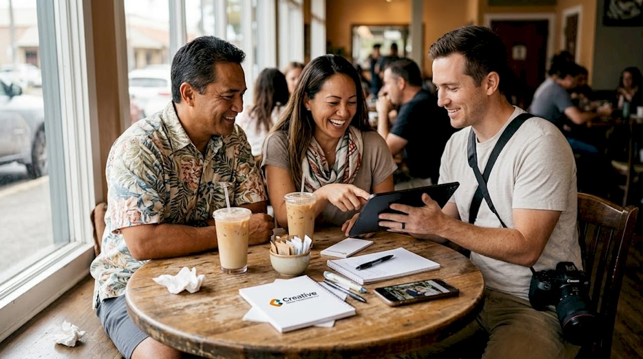 Couple meeting photographer in relaxed café