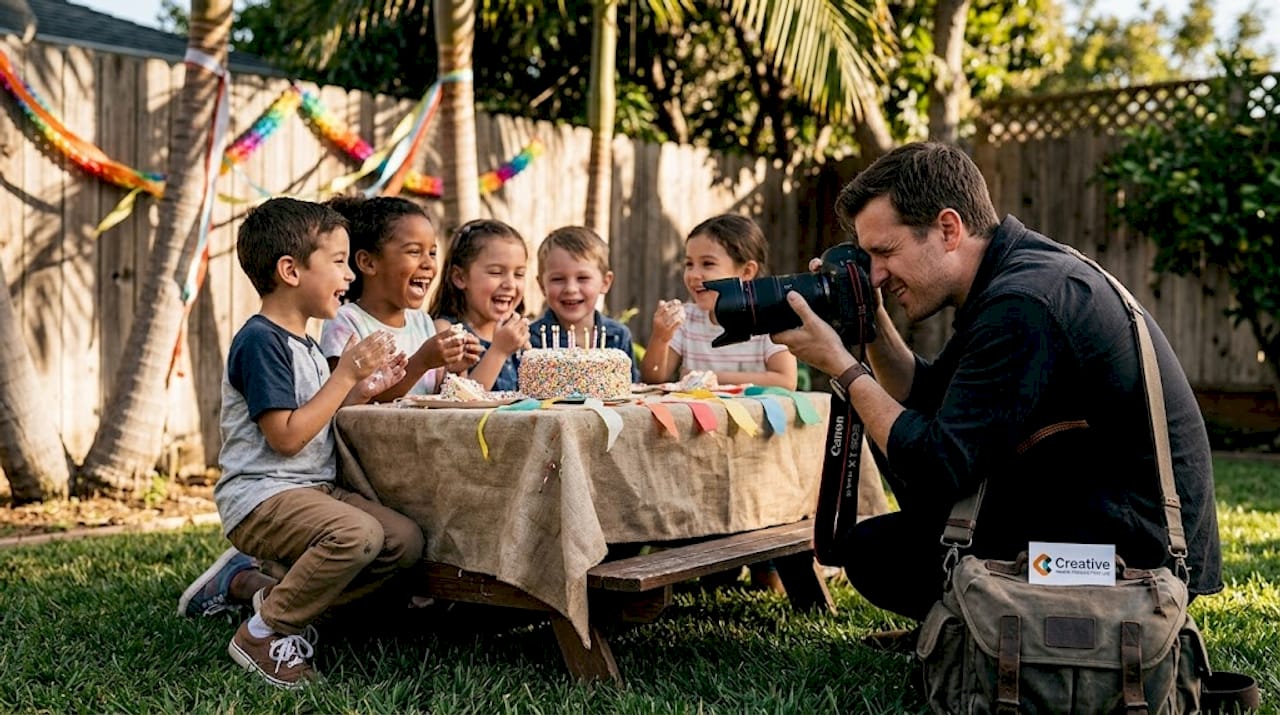 Candid group birthday photo in backyard