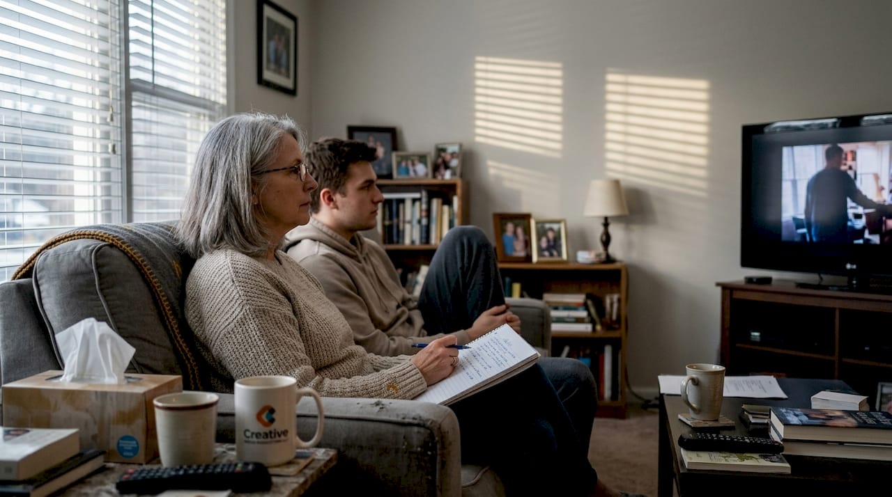 Family reviewing memorial video draft together