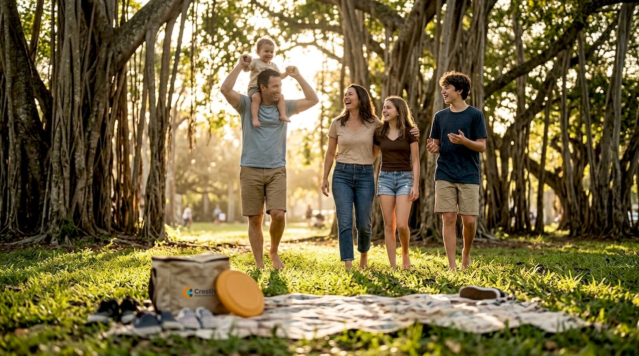 Family walking barefoot in sunlit park