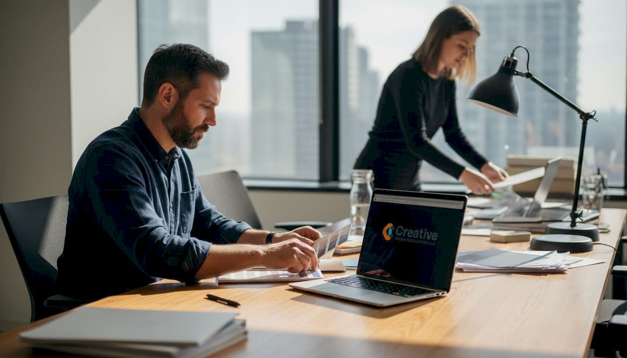 Business owner reviewing products office scene
