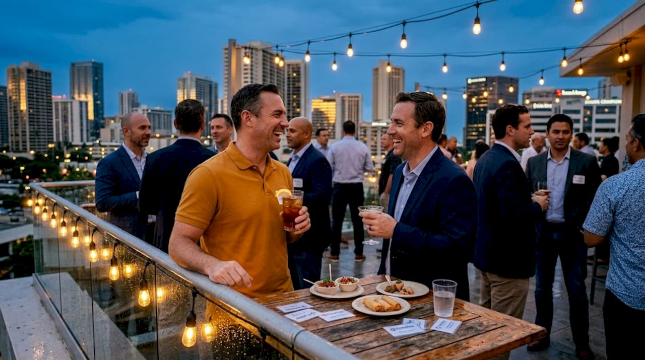 Candid rooftop Oahu event guests mingling