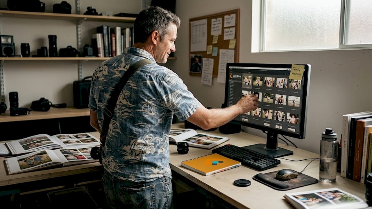 Photographer reviewing event images on monitor