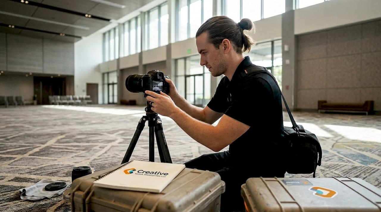 Photographer adjusting camera in Oahu ballroom