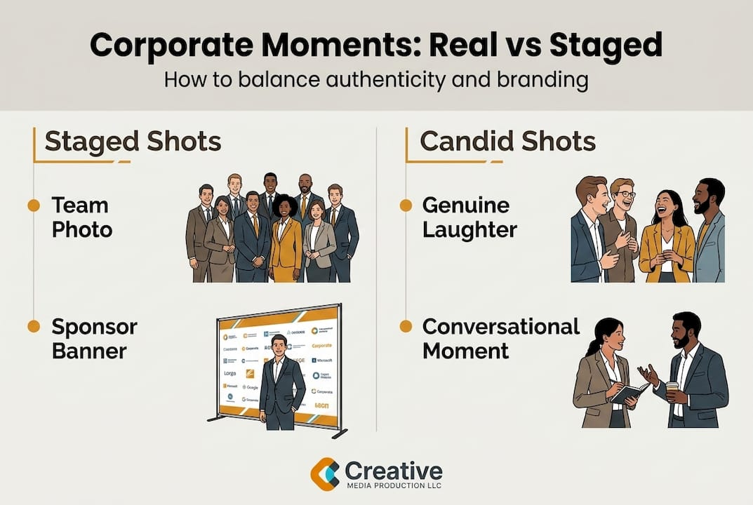 Infographic showing staged versus candid corporate photos
