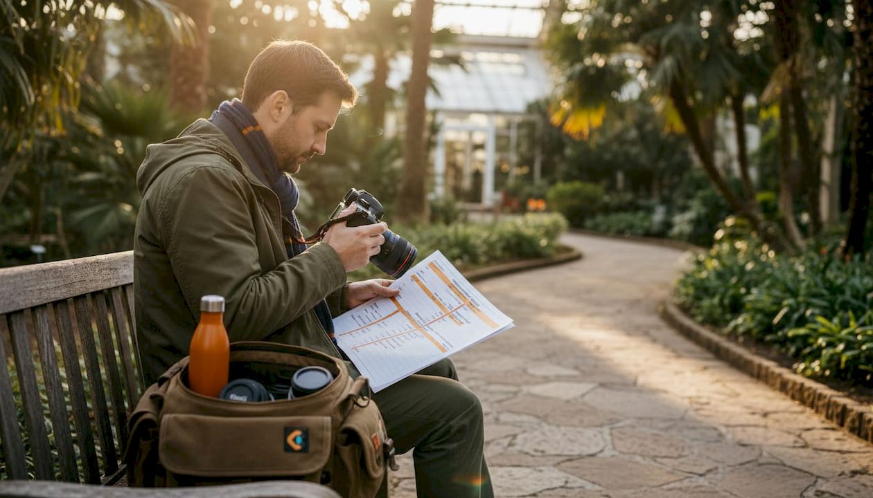 Photographer reviewing shot list in garden