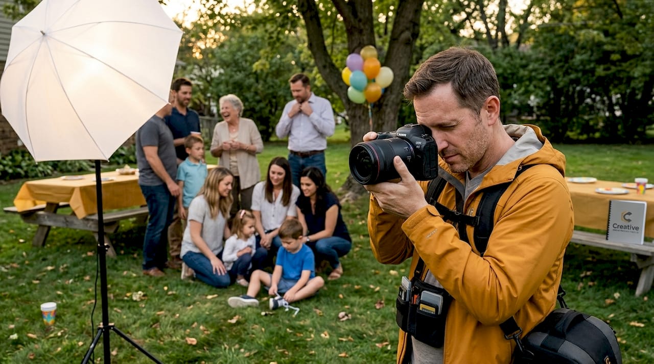 Photographer testing light for group birthday photo