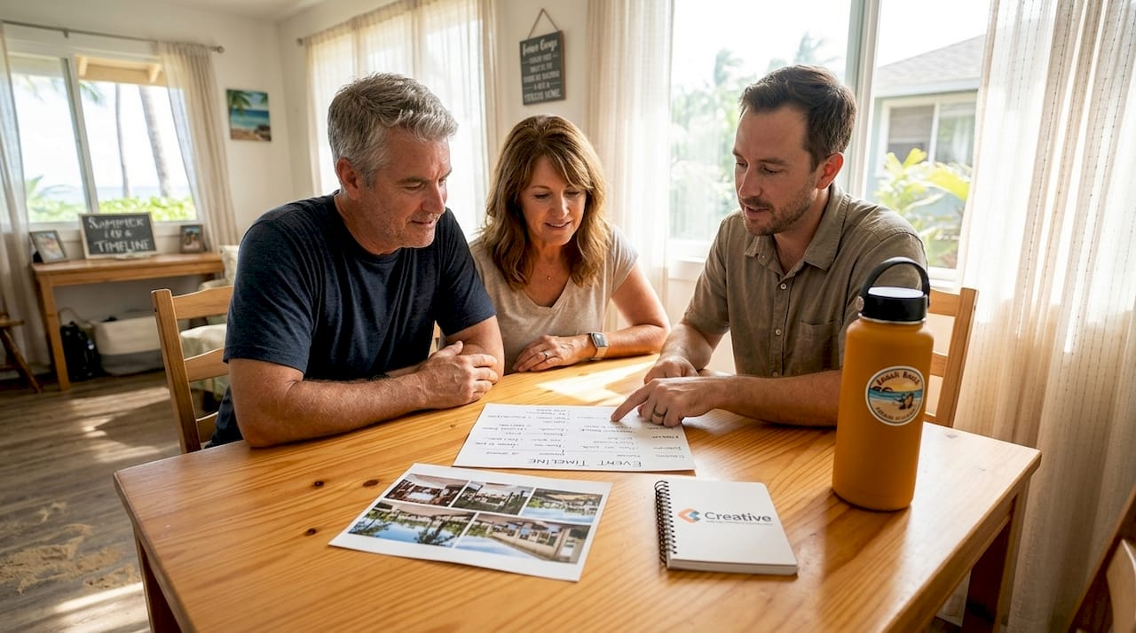 Couple and photographer review Hawaii event timeline