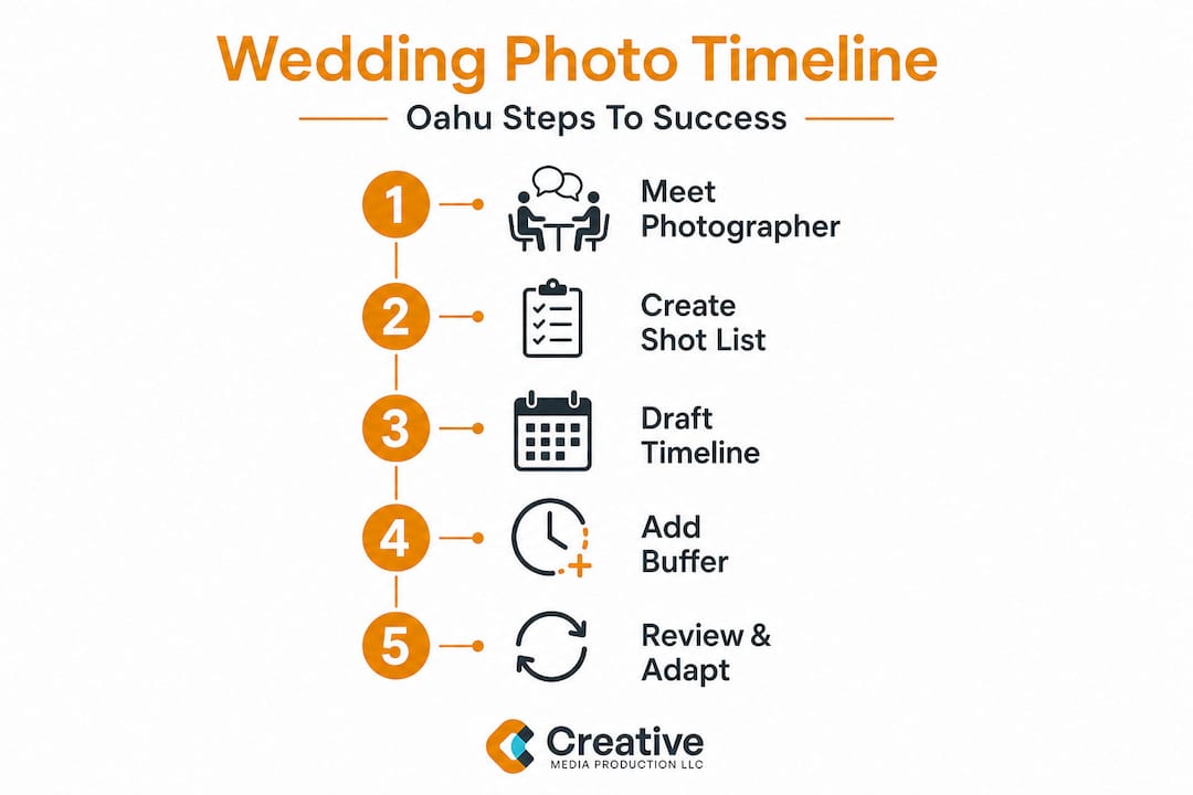 Infographic outlining Oahu wedding photo timeline steps