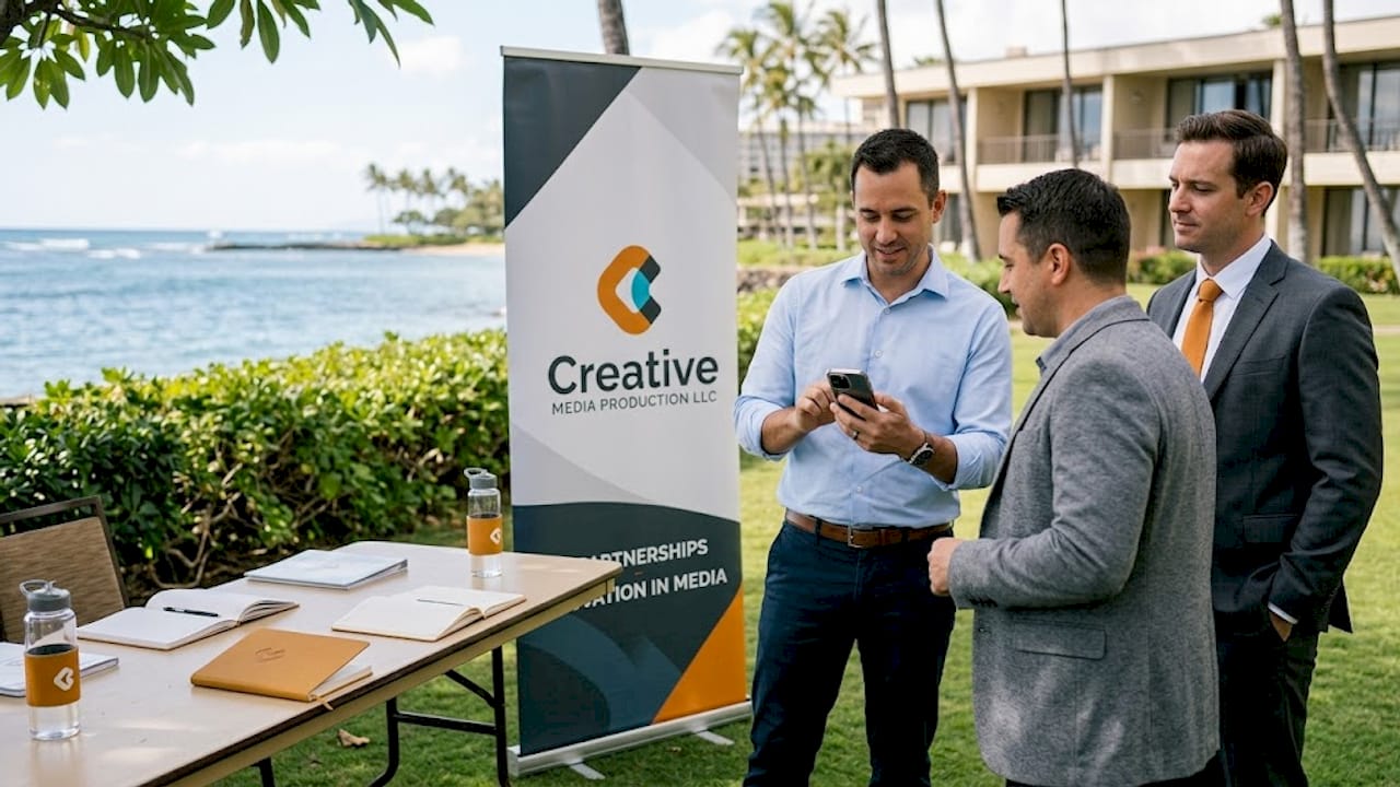 Attendees view photos at Oahu outdoor event