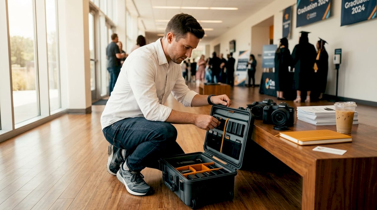 Photographer prepares camera gear before graduation