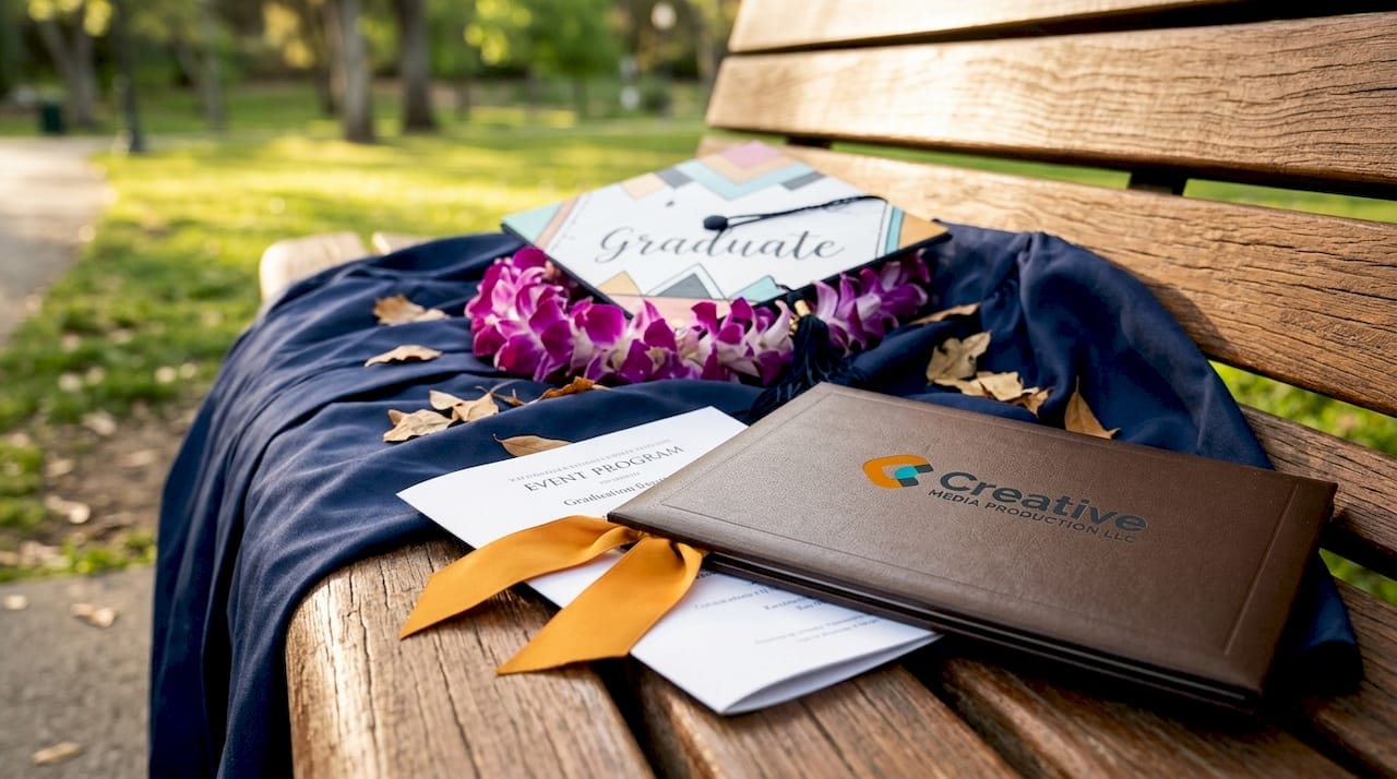 Graduation cap, diploma, and lei detail