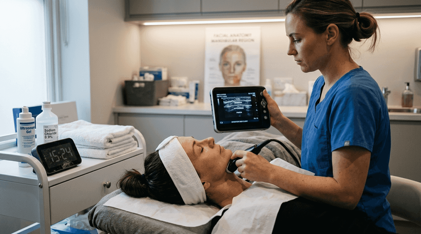 Ultrasound device treating client’s jawline skin