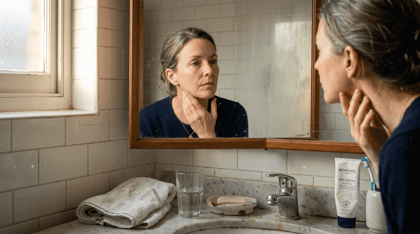 Woman checks skin tightening results in mirror