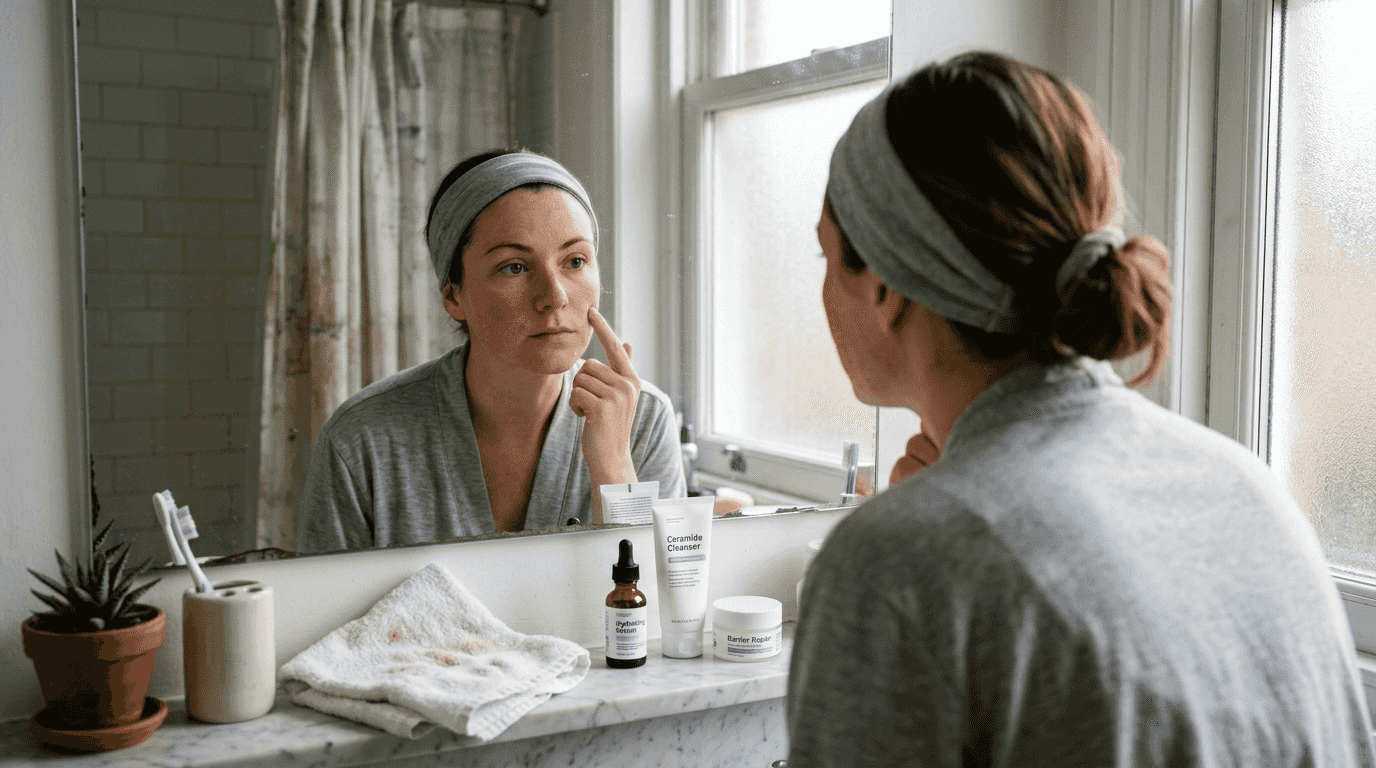 Woman checking skin after chemical peel