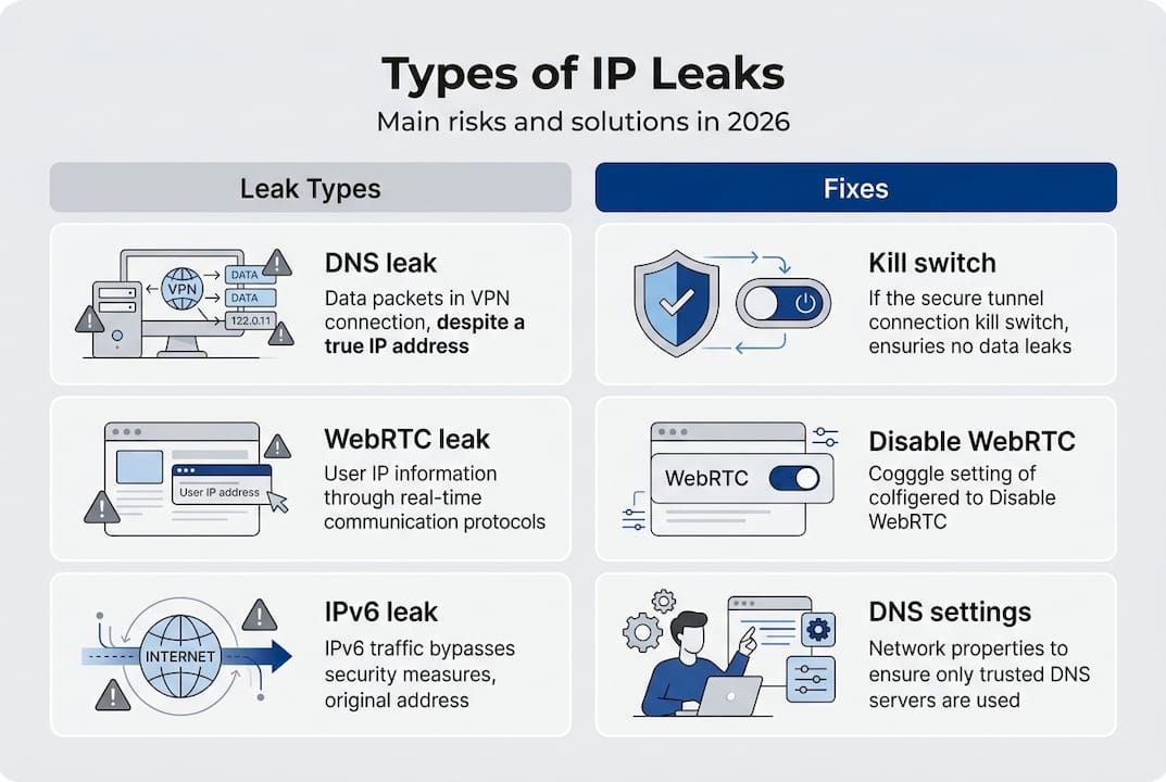 Infographic summarizing IP leak types and fixes