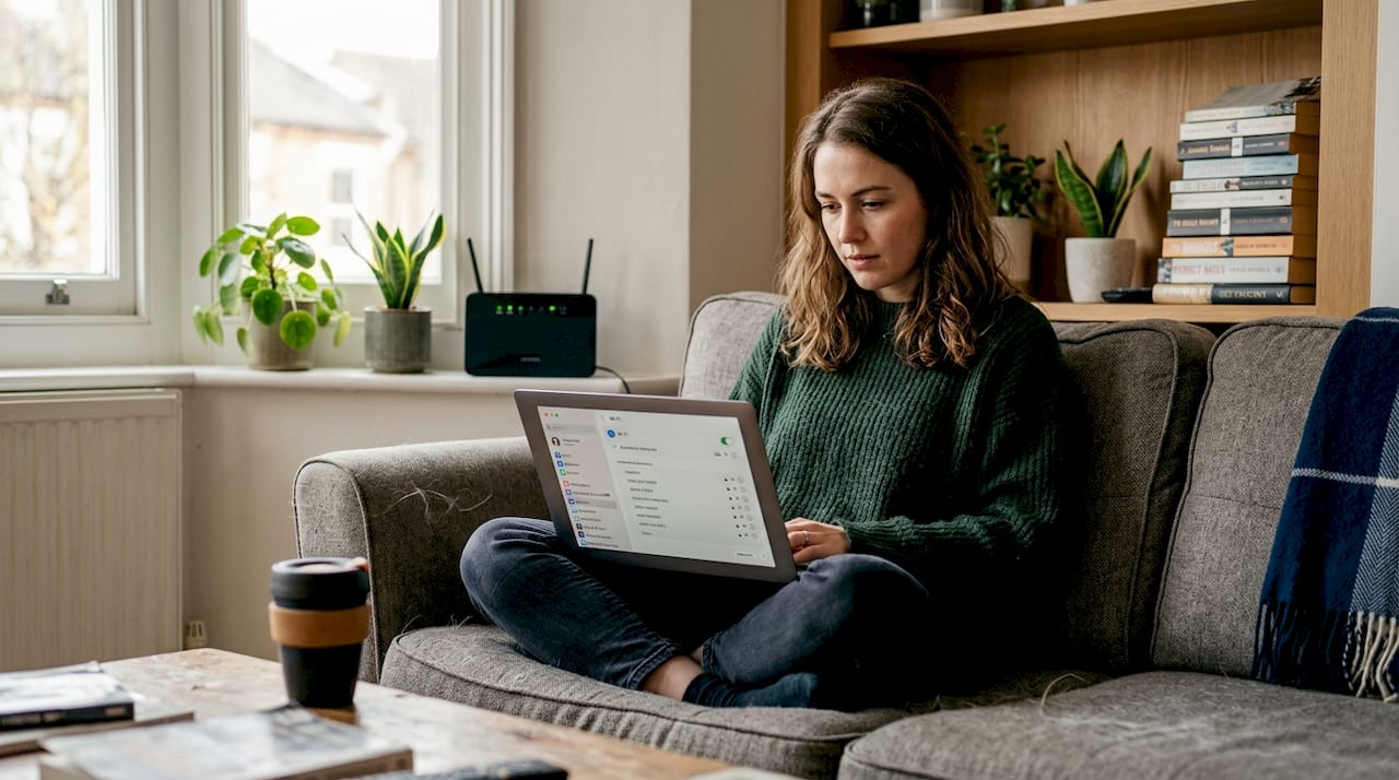 Woman on couch viewing network settings