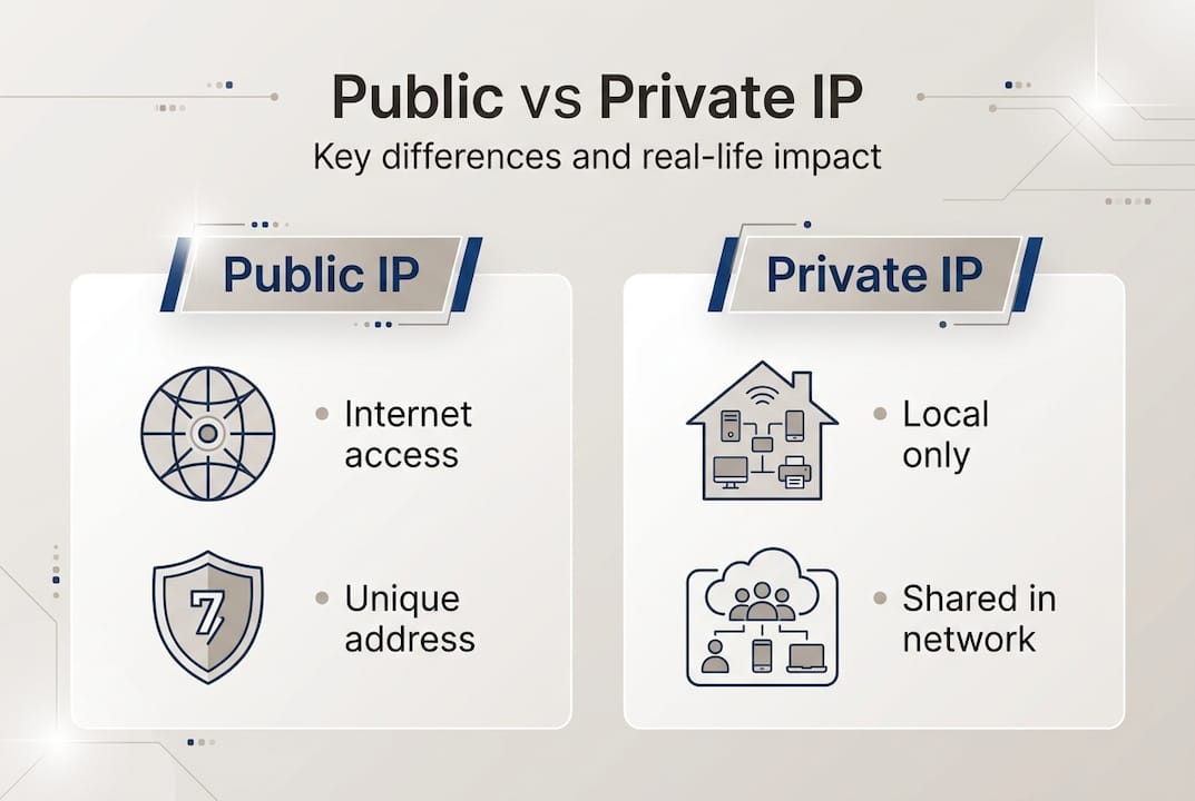 Infographic contrasting public and private IP addresses