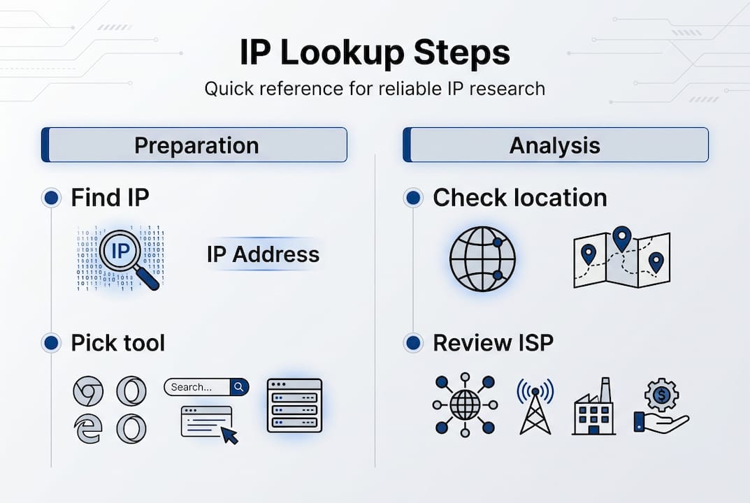 IP lookup steps infographic with key stages
