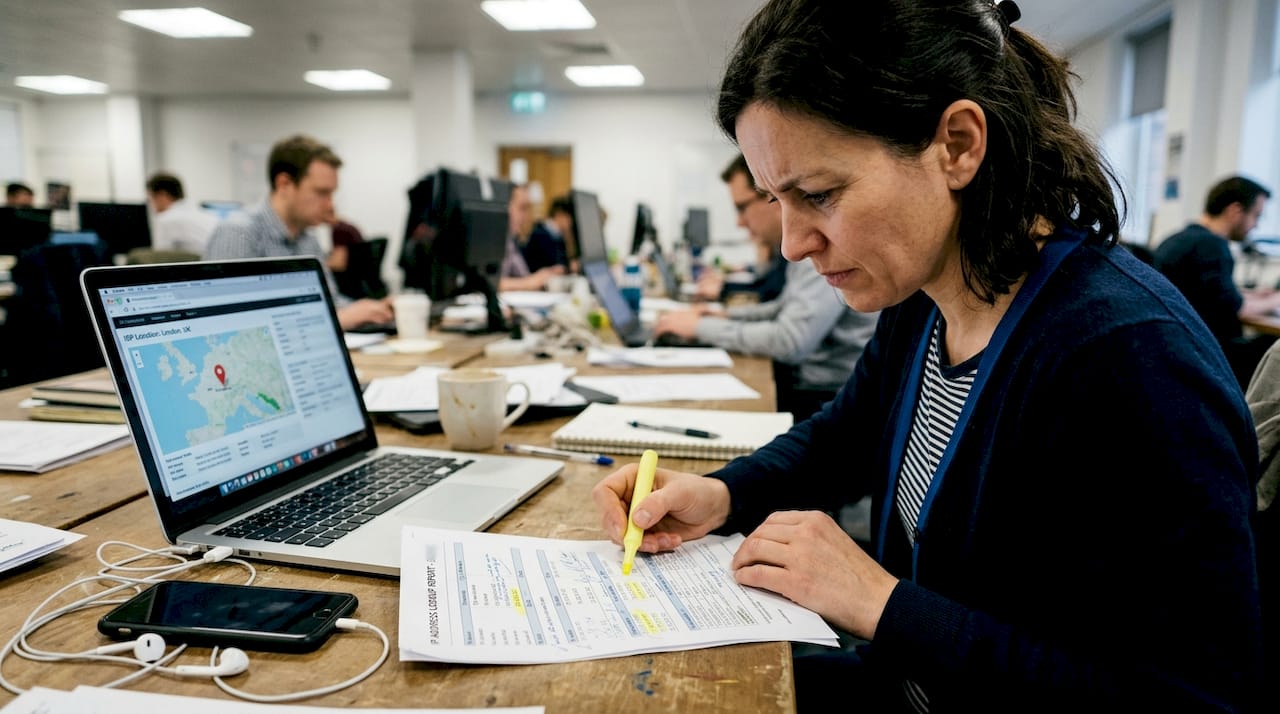Woman reviewing IP lookup report and map