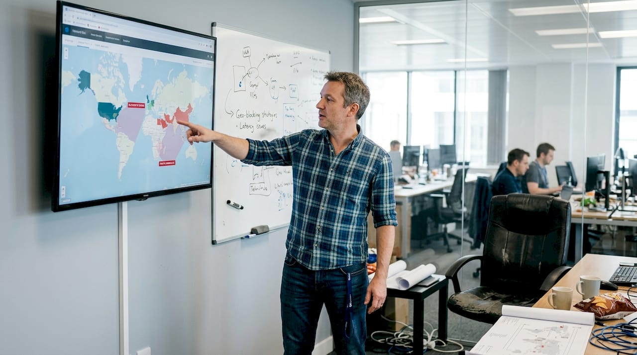Engineer explaining geo-blocking network diagram