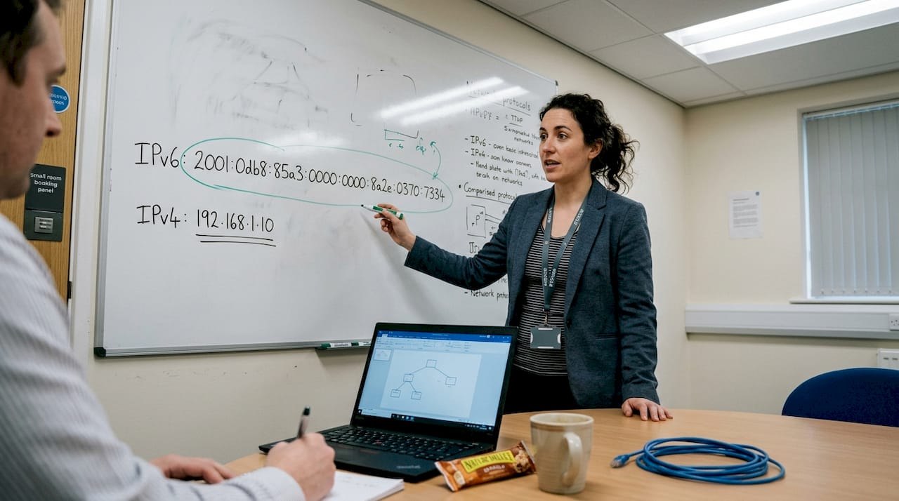 Administrator comparing IPv4 and IPv6 on whiteboard