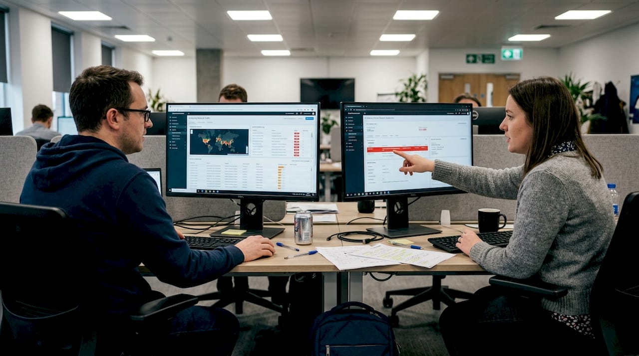 IT analysts monitor IP security threats together