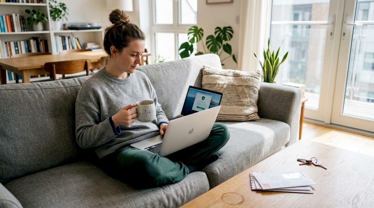 Woman using VPN on laptop at home