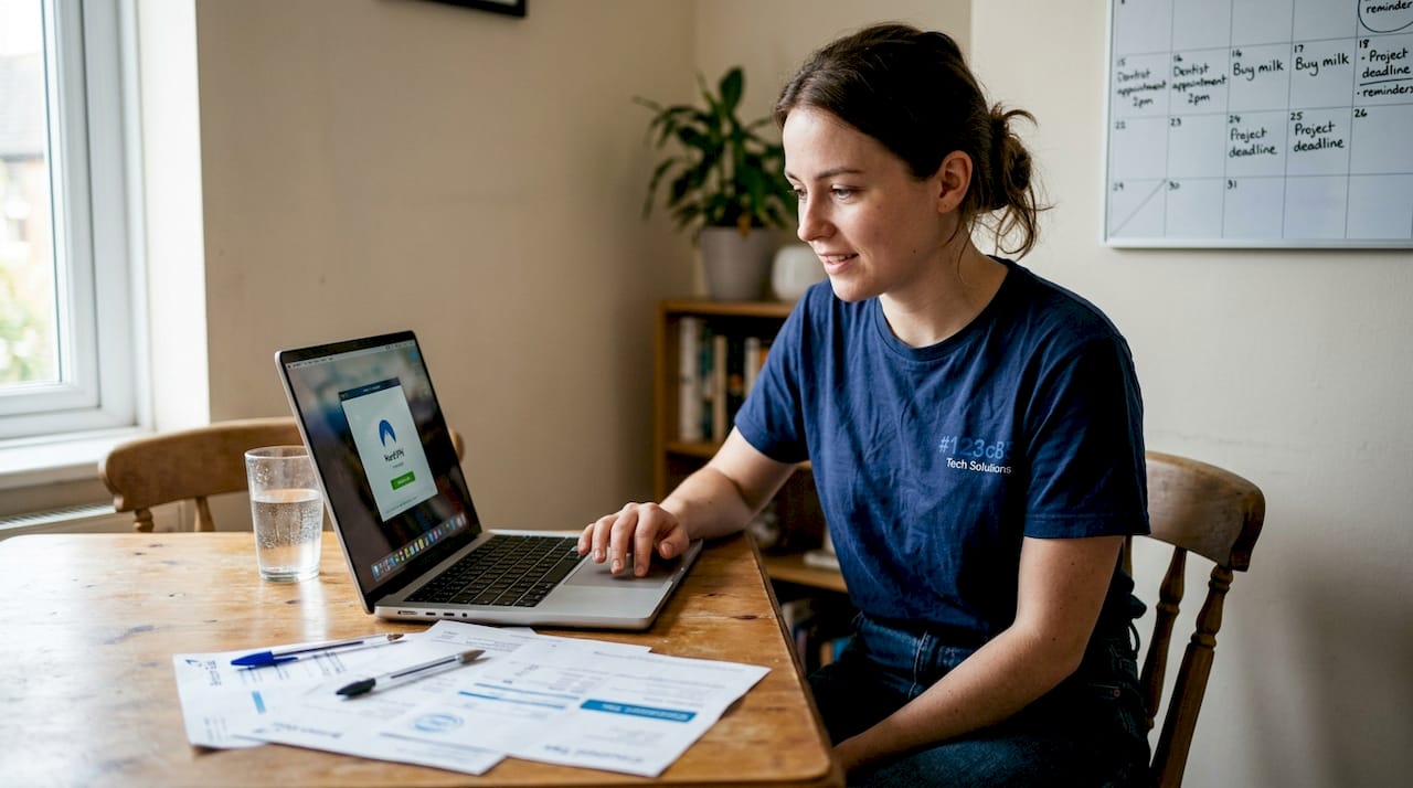 Person setting up VPN at kitchen table