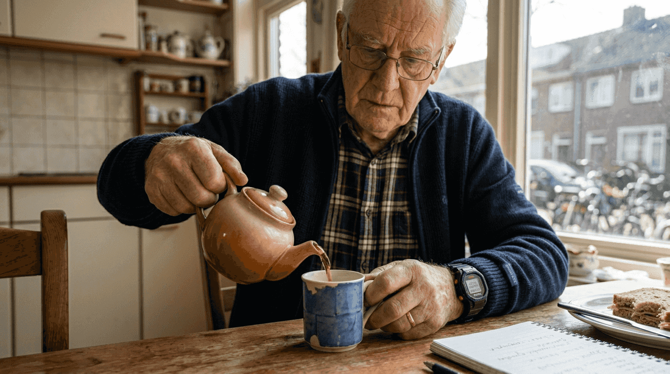 Senior man using alarm watch in kitchen