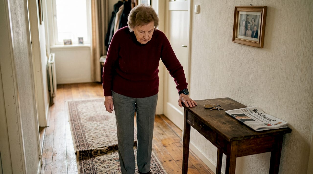 Seniorenvrouw met een gps-horloge dat automatisch een melding geeft bij een val