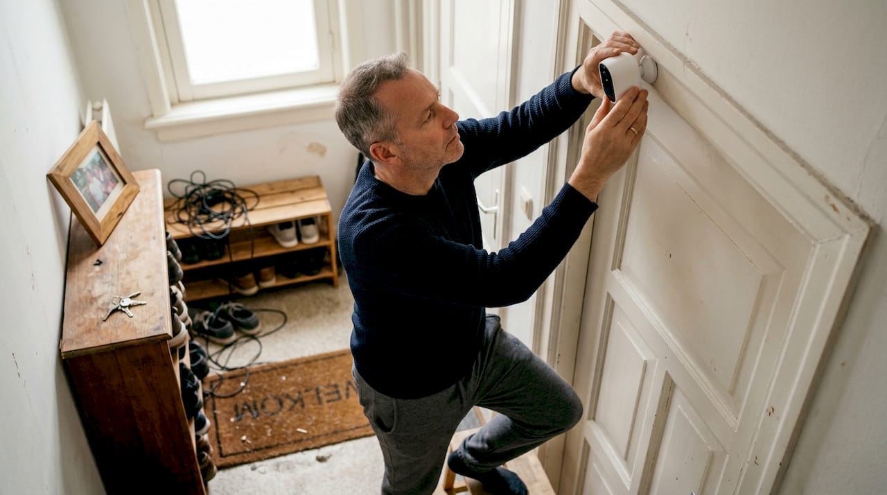 Man stelt thuis de bewegingssensor van zijn beveiligingscamera af