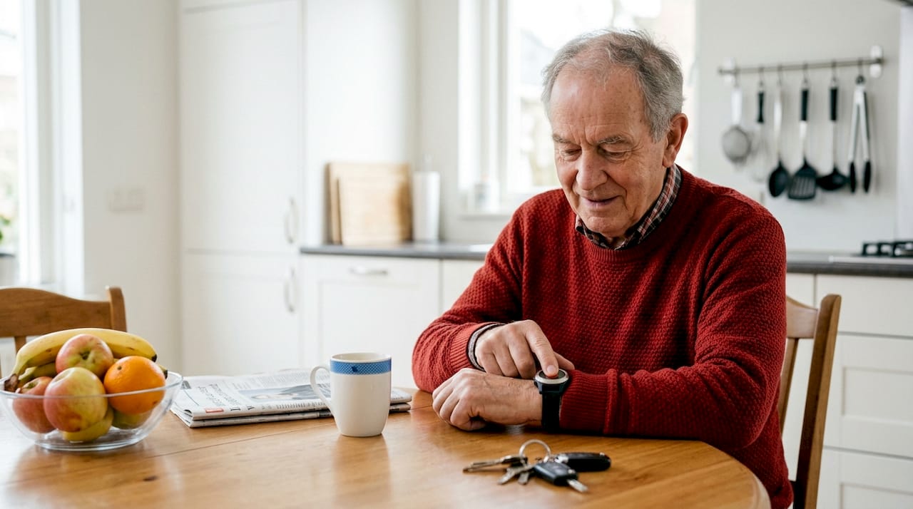 Een oudere heer maakt moeiteloos gebruik van een simpel SOS-horloge.