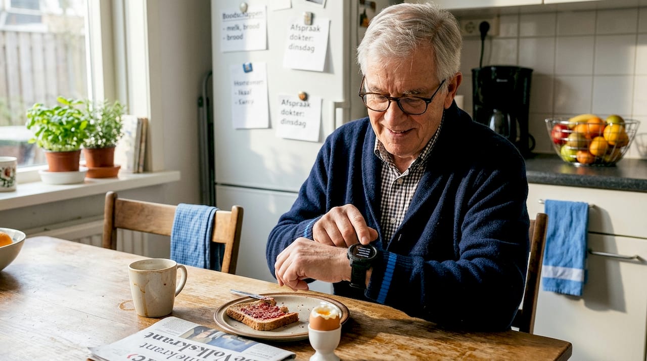 Een oudere man bekijkt zijn smartwatch terwijl hij in de keuken staat.