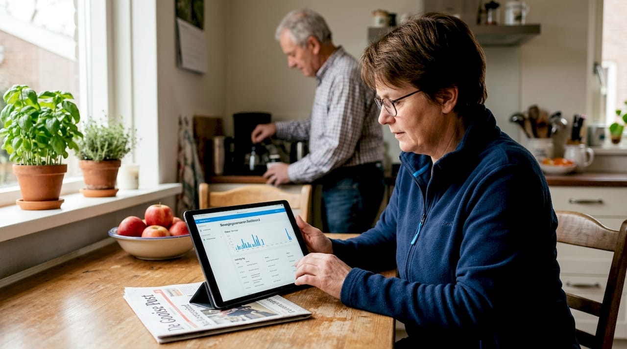 De zorgverlener bekijkt de bewegingssensor op de tablet in de keuken.