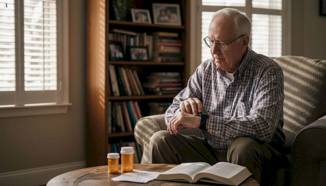 Senior adjusting GPS smartwatch in living room