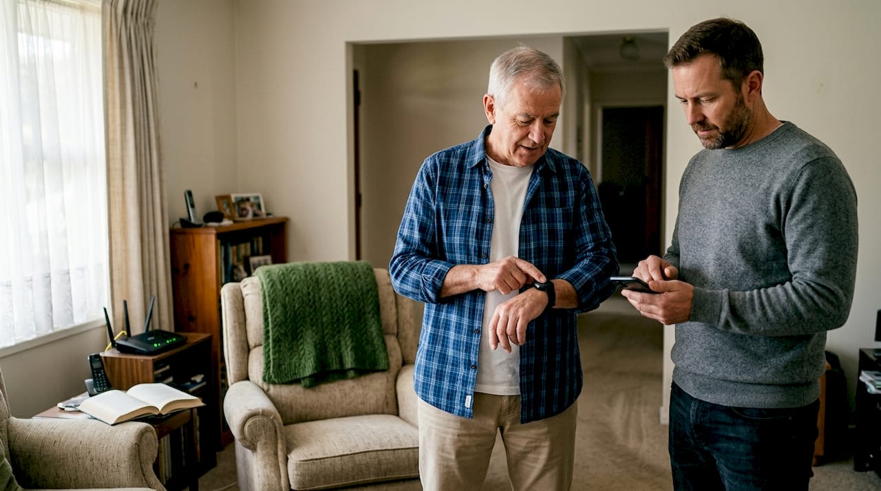 Senior tests alert button with family standing by