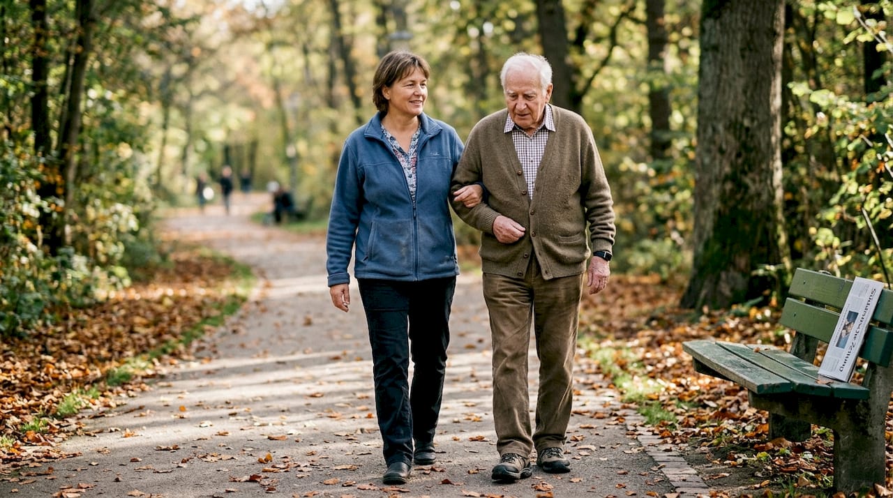 Eine Pflegekraft begleitet einen älteren Herrn beim Spaziergang durch den Park.