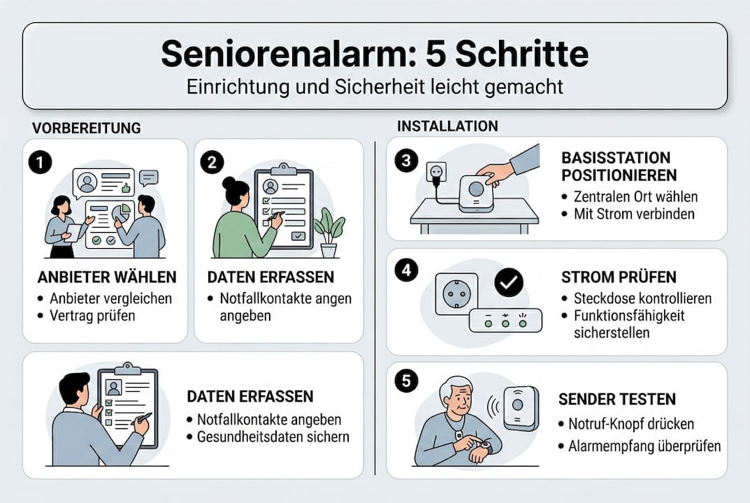 Die Infografik veranschaulicht, wie Sie in fünf einfachen Schritten zu Ihrem persönlichen Senioren-Notruf gelangen.