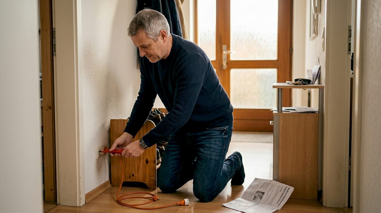 Ein Mann überprüft die Steckdose, bevor er die Alarmanlage installiert.