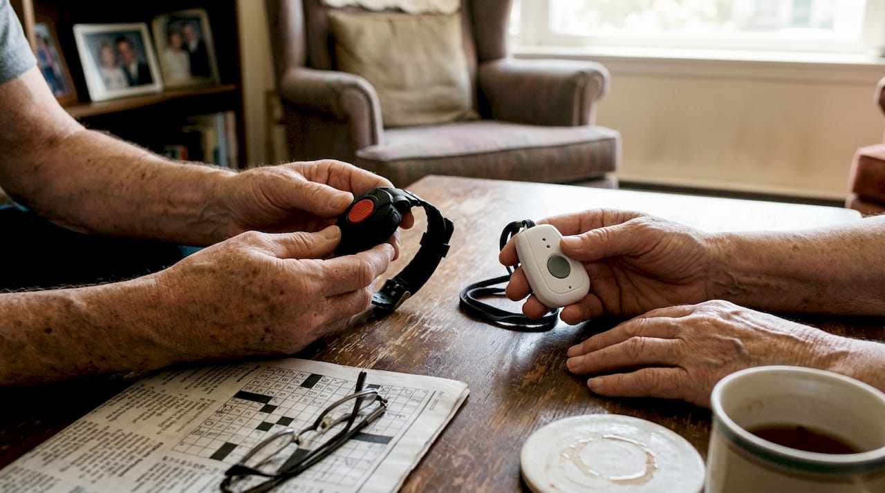 Seniors comparing wrist and pendant alarms