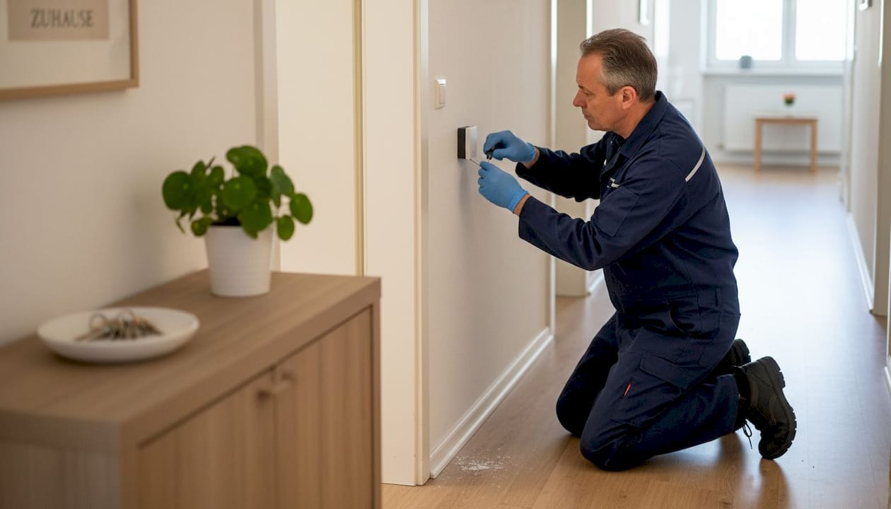 Ein Techniker montiert einen Bewegungssensor im Flur.