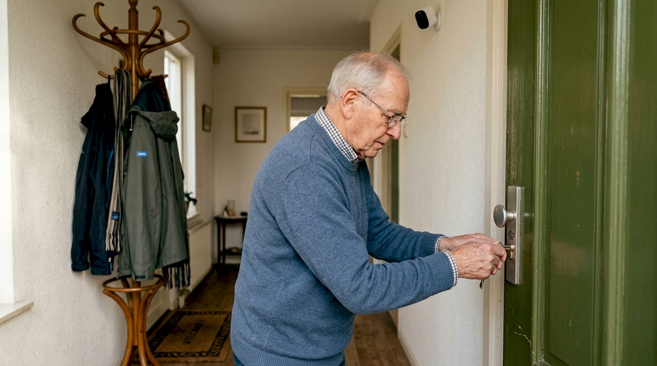 Een oudere man beveiligt zijn huis met een goed slot en camerabewaking.