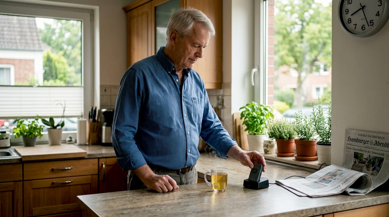 Ein älterer Herr lädt in der Küche sein mobiles Notrufgerät auf.