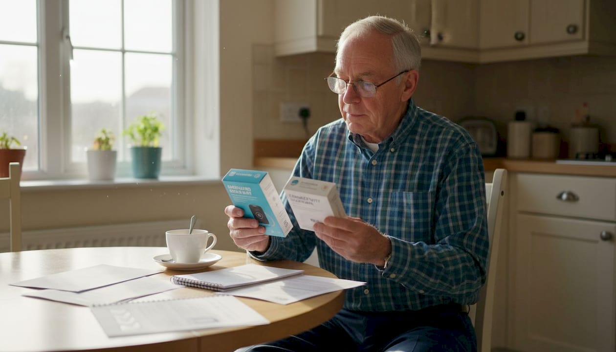 Senior man comparing two alarm device boxes