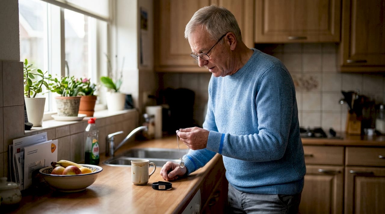 Een oudere man bekijkt verschillende alarmapparaten in zijn keuken om ze met elkaar te vergelijken.