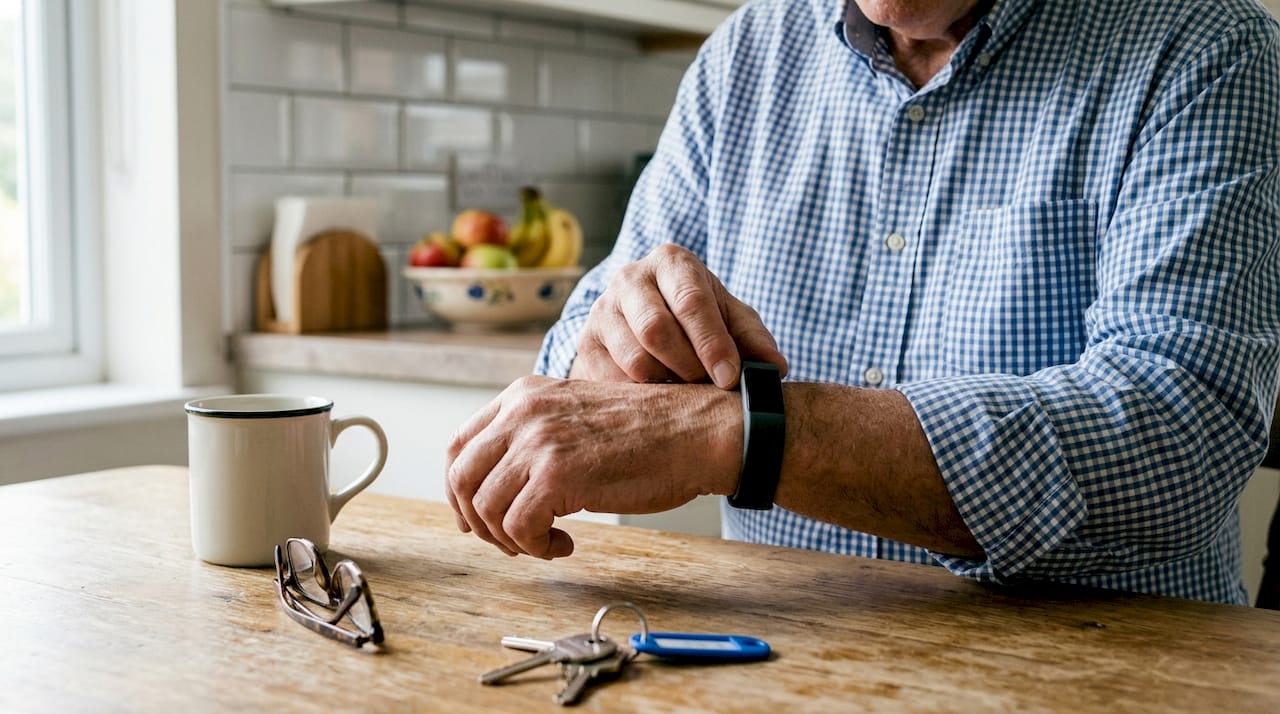 Een oudere dame doet haar alarmarmband om aan de keukentafel.