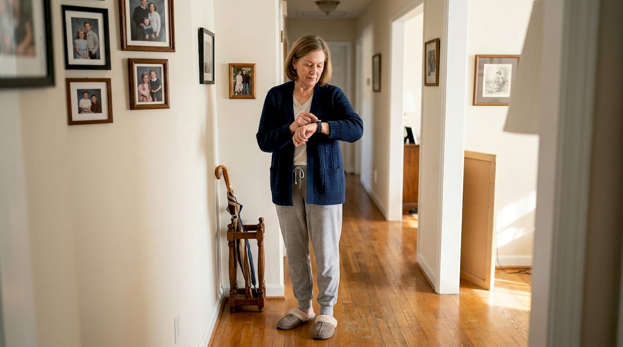 Senior checking smartwatch fall detection feature